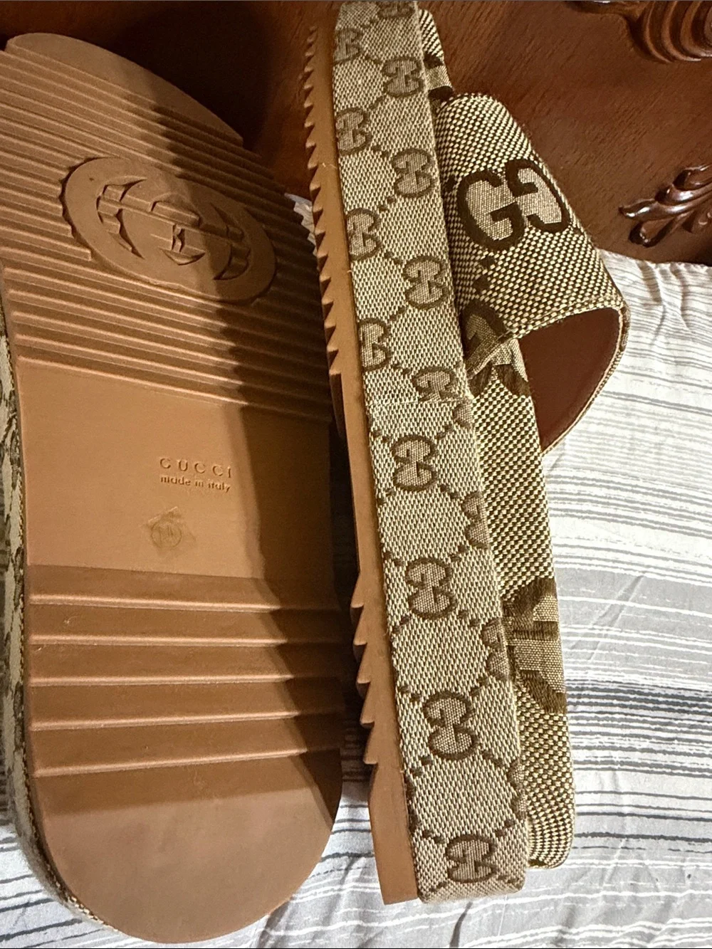 Gucci Brown & Beige GG Canvas Slide Sandals Platform Slidders size 44